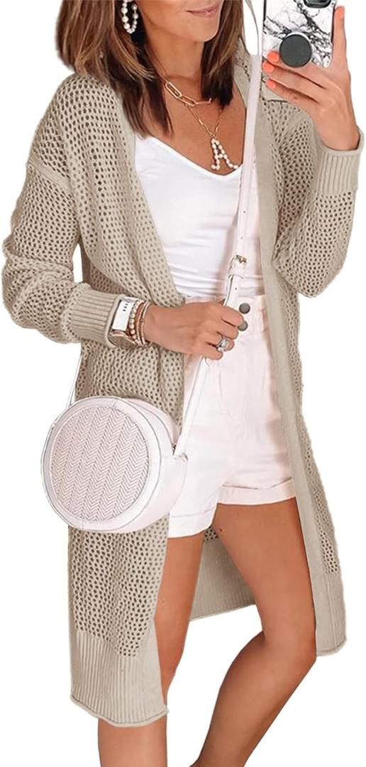 Misassy Womens Open Front Knit Sheer Cardigans Summer Boho Lightweight Long Sleeve Kimono Long Sweater (Large, X-light Khaki)