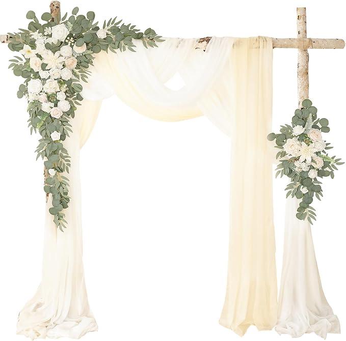Deluxe White Artificial Wedding Arch Flowers with Drapes Kit-Pack of 5, 2pcs Flower Arrangements 3pcs Hanging Sheer Drapes White Ceremony Arbor Reception Backdrop Rose Floral Decorations