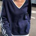 MakeMeChic Women's Striped V Neck Sweater Long Sleeve Knit Winter Pullover Tops (Blue, L)