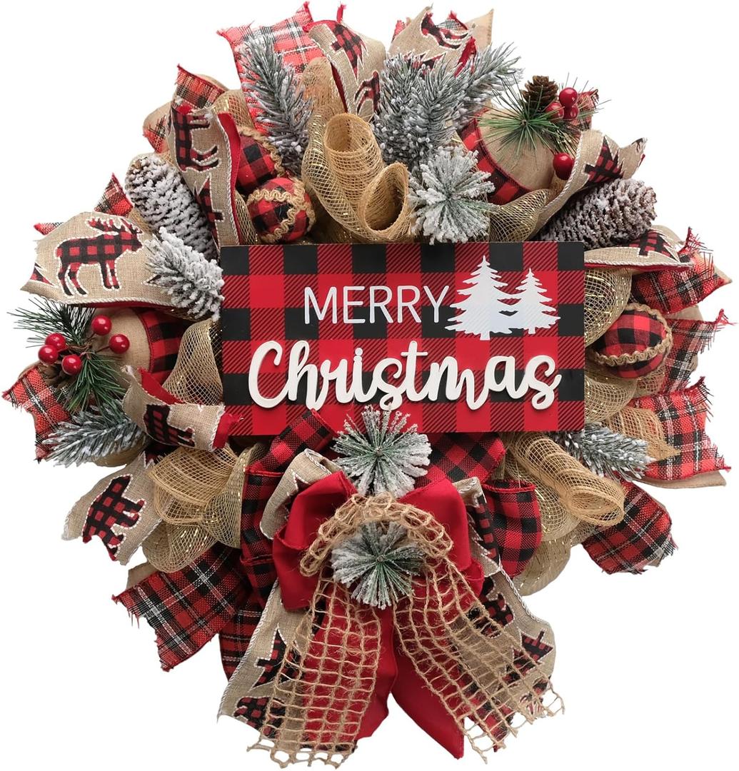 Idyllic Christmas Wreath for Front Door, 18" Winter Wreaths with Merry Christmas Sign, Winter Decorations for Farmhouse Harvest Home Outdoor/Indoor (Red&green)
