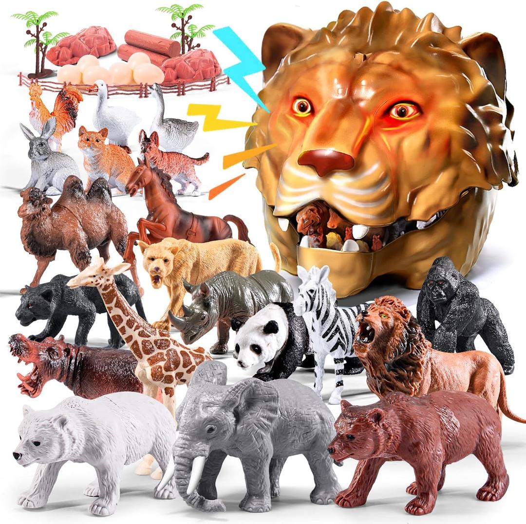 Safari Animals Playset, 41Pcs Jungle Zoo Animal Toys for Toddlers 1-3/Kids 3-5 - Light-Up Sound Lion Basket, Non-Toxic Educational Figurines, Ideal Birthday for Boys & Girls