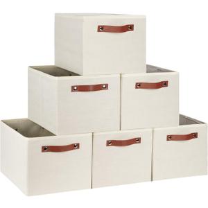 [6-Pack] Fabric Storage Bins Reinforced 2.5mm Cardboard Shelf Bins with PU Leather Handles (15x11x9.5 ) Durable Storage Baskets for Closet Organization, Toy Organizer, & Home Office Beige