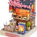 Kisoy Dollhouse Miniature with Furniture Kit, DIY 3D Wooden DIY House Kit with Dust Cover, Handmade Tiny House Toys for Teens Adults Gift (Sakura Noodles Shop)