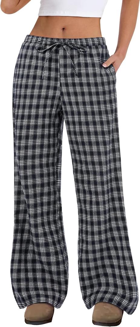 ANRABESS Women's Striped Gingham Pants 2025 Fall Pajama Lounge Boxer Pants Casual Wide Leg Drawstring PJ Bottoms Trousers (Multi Black Plaid), S