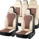 Coverado Car Seat Covers Full Set, Beige Brown Car Seat Covers, Luxury Diamond Leather Car Seat Cover with Carbon Fiber Weave, Spill-Proof Seat Cushions, Automotive Seat Cover Universal Fit Most Cars