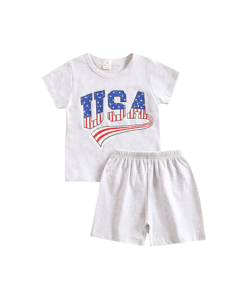 4th of July Baby Boy Outfit Toddler Fourth of July T Shirts Stars and Stripes Shorts Red White Blue Clothes Set, Gray  Size 120