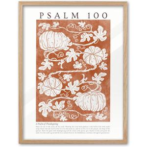 EcoHest Fall Botanical Pumpkins Framed Wall Art, Large 16x20 in OAK Wood Christian Psalm 100 Canvas Wall Art, Beige Logs A Psalm of Thanksgiving Home Decor Set of 1 for Bedroom Living Room