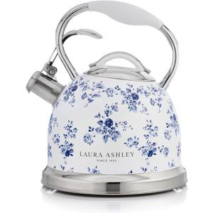 Laura Ashley China Rose Stovetop Kettle with Whistle - 2.5L Fast Boil Stainless Steel Kettle Stove Top - Silicon Coated Cool Handle Camping Kettle for Gas, Induction Hob - Compatible with Aga Stove