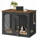 CHOEZON Wooden 30.1" Dog Crate Furniture, Farmhouse Pet Cage End Table with Secure Lock, Ventilated Mesh for Medium Dogs, Dog Kennel Furniture for Living Room, Bedroom, Black and Walnut MGW02BL