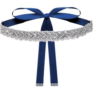 Bridal Rhinestone Wedding Waist Belt for Women Sparkly Belt Wedding Satin Sash for Special Occasion (Navy Blue)