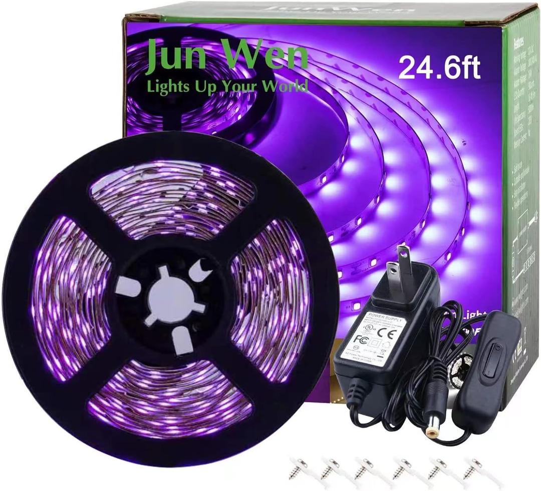 24.6ft Foot Black Led Strip Lights Kit, 450 Units Led, 12V Flexible Blacklight Fixtures for Glow Party, Bar, Bedroom, TV, Halloween, Birthday, Non-Waterproof