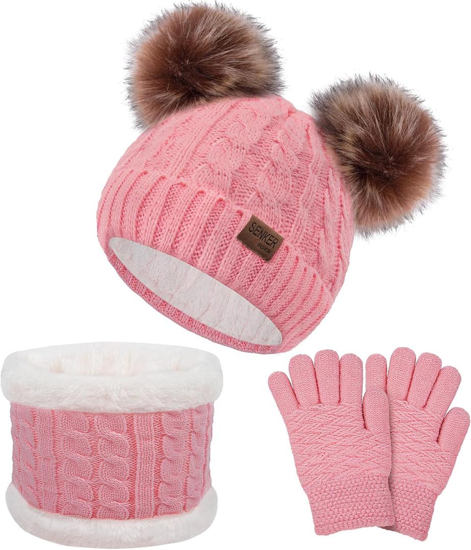 Senker Fashion Kids Winter Beanie Hat Scarf Gloves Set for Girls Boys Knit Warm Pompom Toddler Hats Mittens Neck Warmer (Pink)