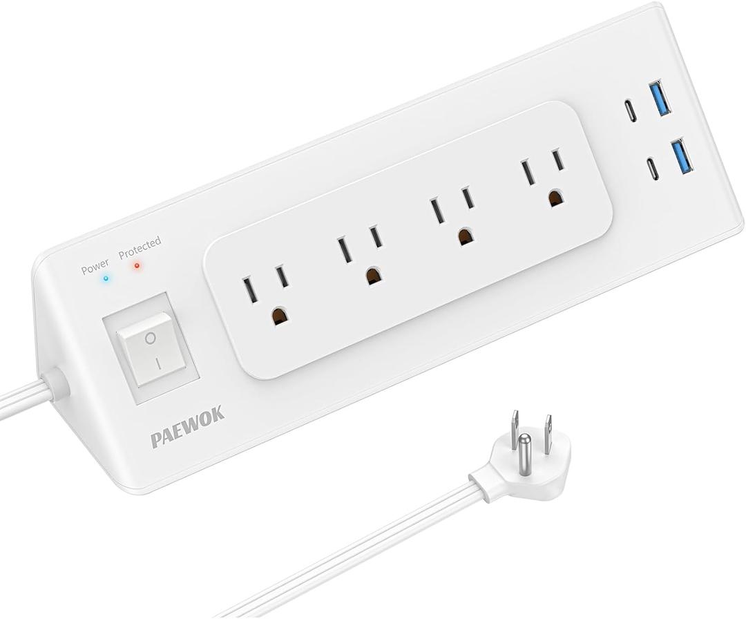 Electrical Outlet Extender with USB C, Flat Wall Plug Extension Cord with 4 Sockets, Surge Protector Power Strip 15 Amps/1200 Joules, 6.5 Ft Multi-Plug Extension Cable for Home Office Dorm, White