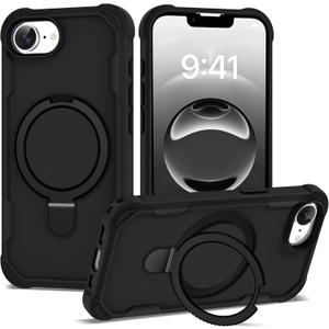 Compatible with iPhone 16e Case 6.1'' with Magnetic Ring Stand [Military Drop Protection][Compatible with MagSafe] Shockproof 16e Phone Case for Men Wowen,Black