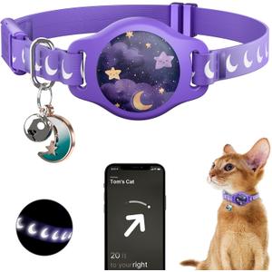 Cat Collar with Airtag Holder, Breakaway Airtag Cat Collar for Apple Air Tag with Luminous & Reflective Pattern, Waterproof GPS Cat Tracker Collars for Boy Girl Cats Kittens with Bell, Purple (8-12")
