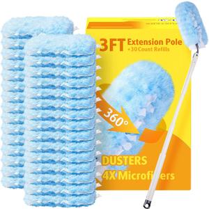 30 Count Heavy Duty Duster Refills with 3 ft Extendable Handle Starter Kit, Compatible with Swiffer Disposable Microfiber Feather Dusters for Cleaning Home