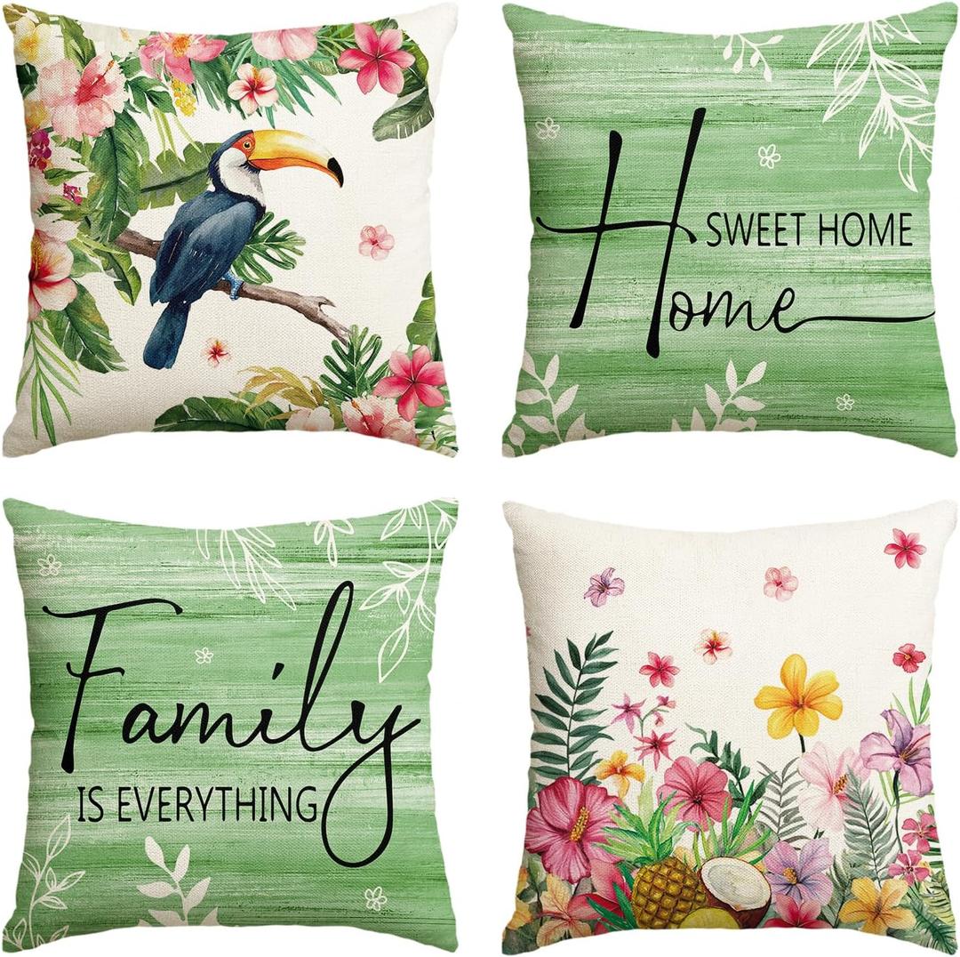 AVOIN colorlife Summer Home Sweet Home Floral Toutan Plumeria Throw Pillow Covers, 18 x 18 Inch Family is Everything Green Holiday Seasonal Cushion Case Decorations Set of 4