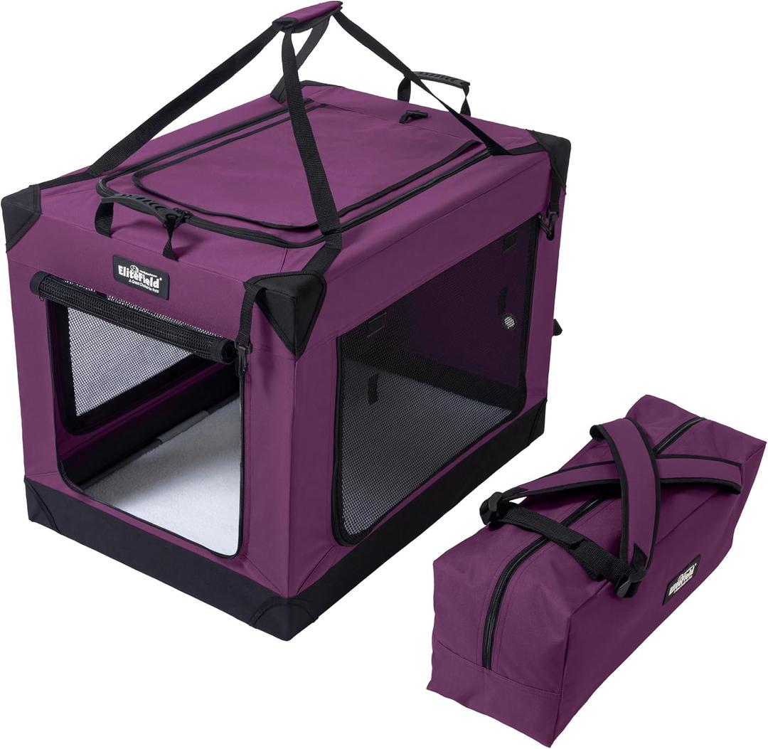 EliteField 4-Door Folding Soft Dog Crate, Aluminum Frame | Top Curtain, Washable Crate & Bed Covers, Backpack Carrying Bag, Indoor/Outdoor, Storage Pockets, Zipper Locks
