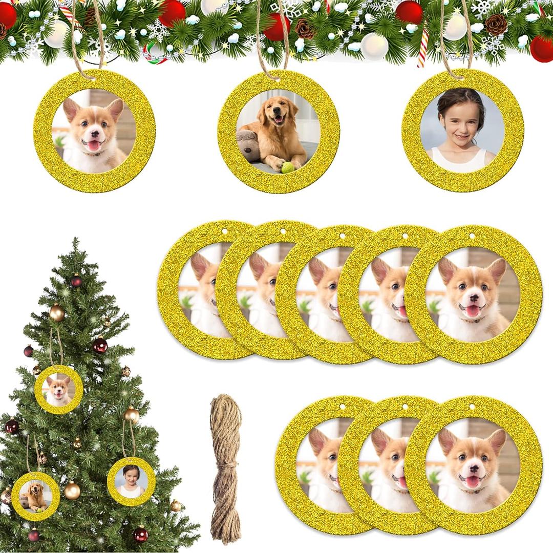 2 x MixTeach 12 Pieces Christmas Photo Frame Ornaments Round Glitter Holiday Picture Frame Gifts and Tree Decoration for Christmas Party Favor (Gold)