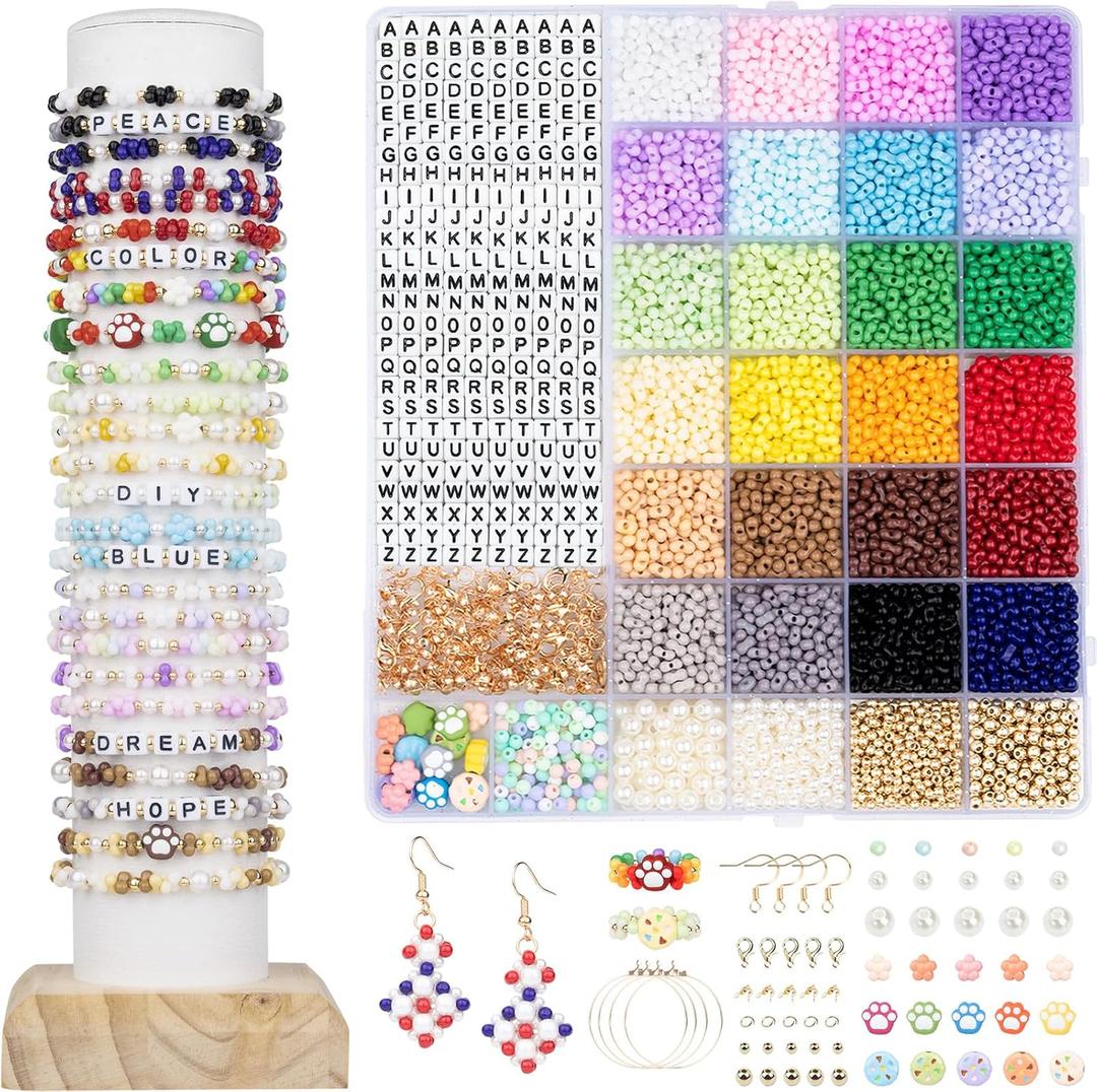 2 x 3000 Pcs Glass Peanut Beads Kit, Farfalle Glass Beads for Jewelry Making, Friendship Bracelet Making Kit with Letters, Spacers,Pearls/String, Jewelry Crafting Supplies