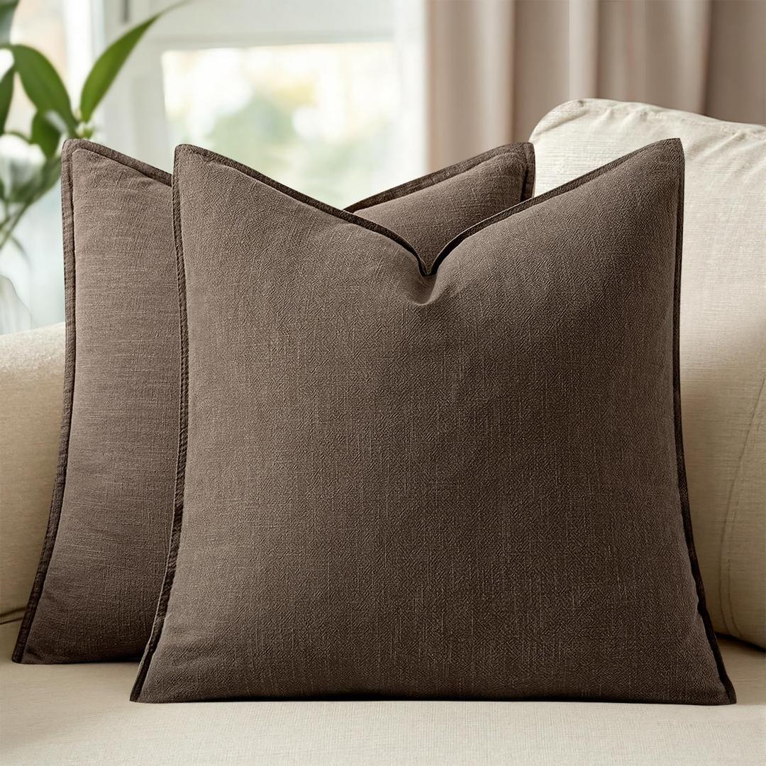 Woaboy 20x20 Inch Set of 2 Decorative Linen Solid Throw Pillow Covers Boho Accent Farmhouse Couch Pillowcases Modern Netural Home Decor for Couch Sofa Living Room Bed,Dark Coffee