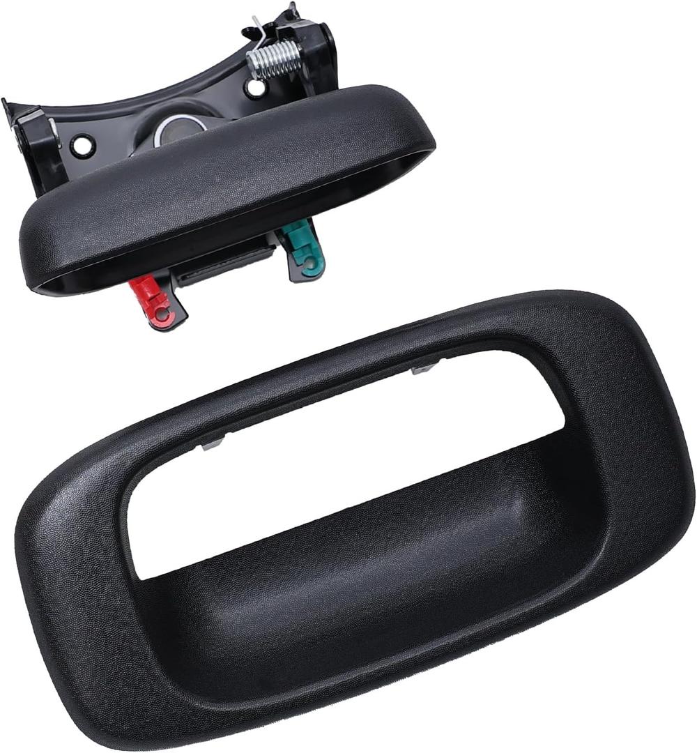 Premium Tailgate Handle Latch and Bezel Trim with Rod Clips, Fits for 1999-2007 Chevy Silverado GMC Sierra 1500 2500 3500, Replaces# 15997911, 15228539, 15228540, 15228541 (Black)