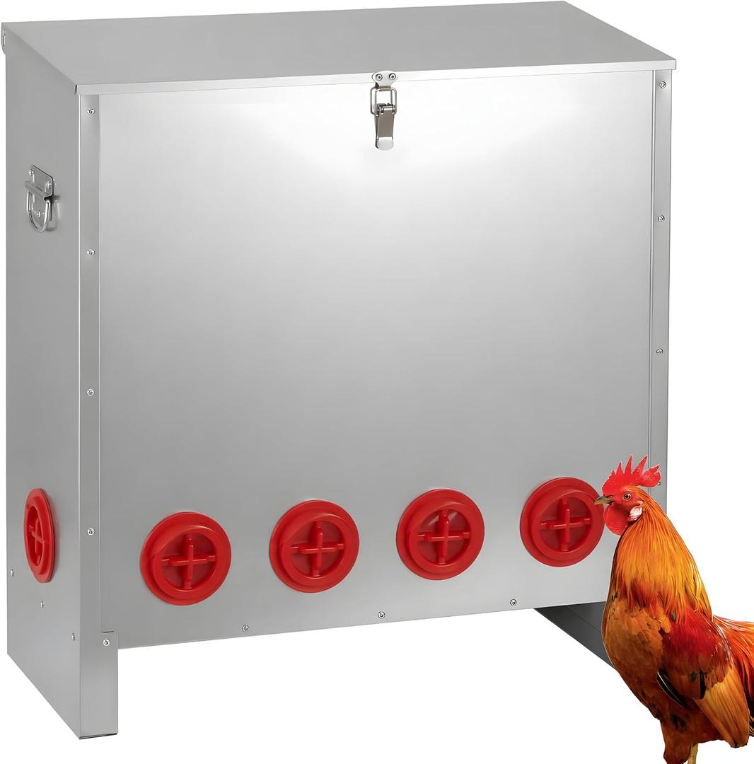 Automatic Chicken Feeder 85-120 lb Capacity, 6-Port Galvanized Metal Poultry Feeder with Covered Feeding Ports, Locking Lid and Raised Legs for Backyard Coop, Farm and Outdoor Use