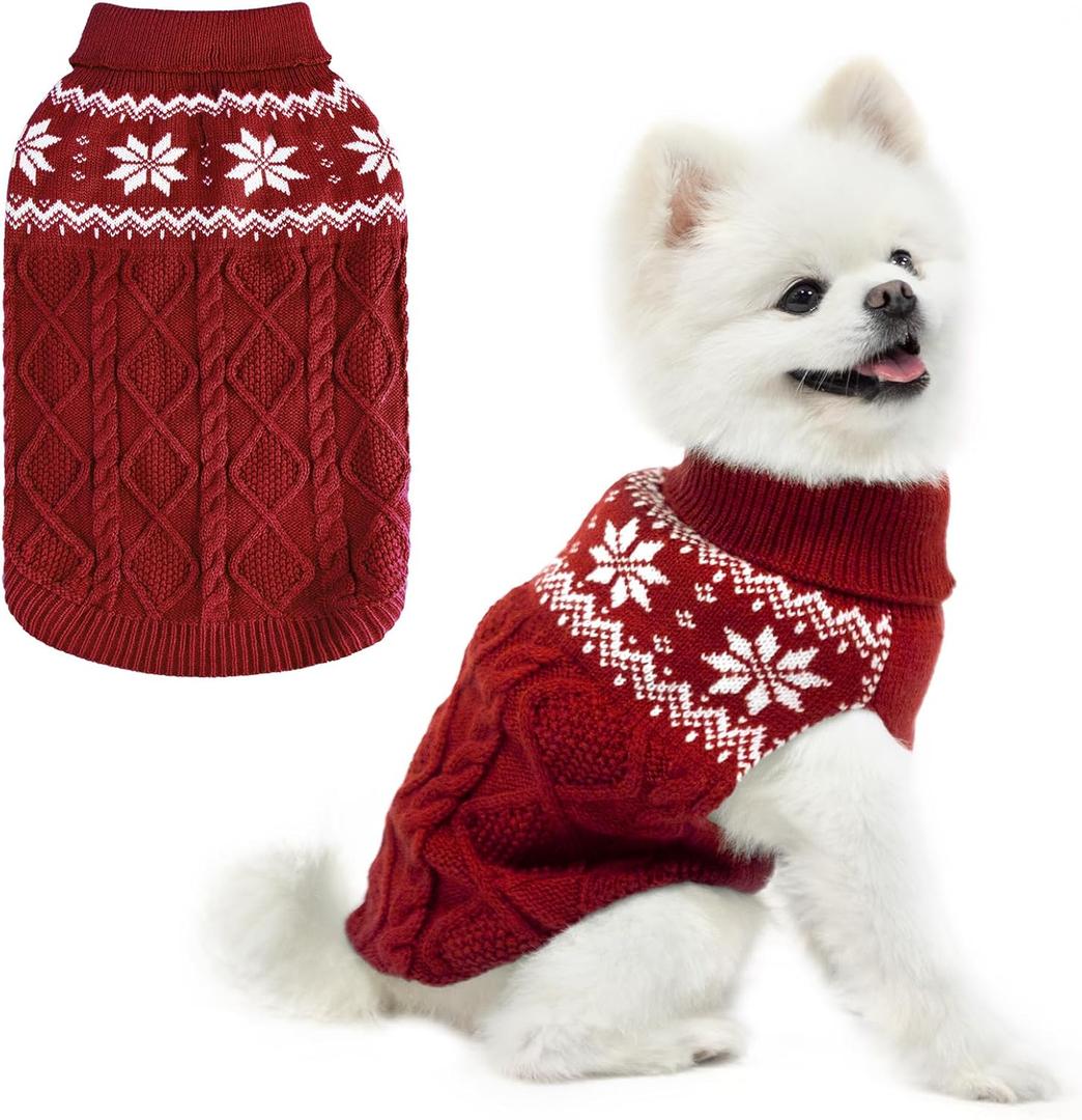 Warm Winter Pink Dog Sweater - Cold Weather Pet Clothes for Small Medium Large Dogs Indoor Outdoor, Soft Classic Knit Puppy Apparel Coat, Dark Red, S