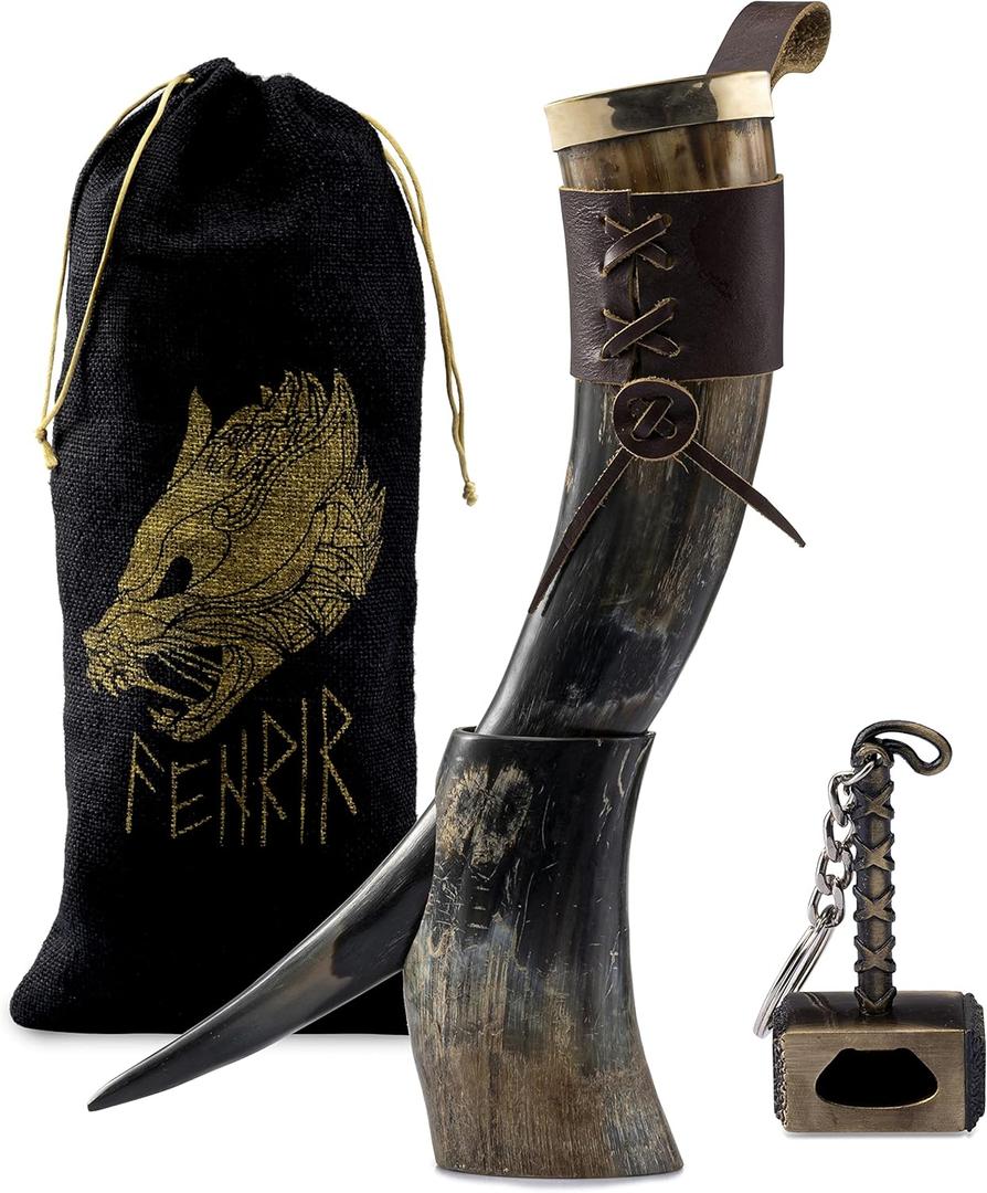 FENRIR Viking Drinking Horn With Stand & Leather Holster - 16 oz | Viking Gifts for Men | Thor Bottle Opener | Norse Horn Cup For Beer, Ale, Mead | Leak Proof, Food Grade | Natural Polished (ORGANIC FINISH WITH STAND)