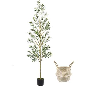 7.8ft (93) Artificial Olive Tree, Tall Fake Olive Plant with Basket, Indoor Outdoor Faux Olive Silk Tree for Home Livingroom Office Floor Decor (Natural Green Leaves)