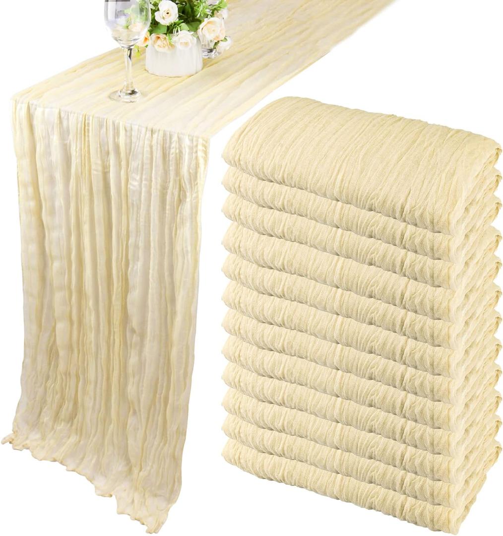 12 Pack 10Ft Cheesecloth Table Runner 35x120 Inch Boho Gauze Rustic Cheese Cloth Long Romantic Table Runner for Wedding Bridal Shower Birthday Party Table Decor (Beige) (35" x 120")