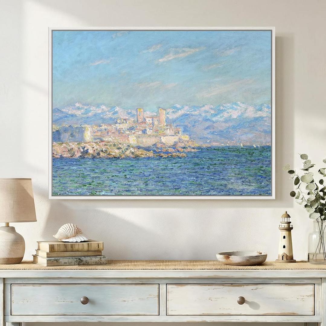Large Framed Monet Impressionist Wall Art, Horizontal Landscape Canvas Artwork for Walls, Blue Farmhouse Pictures Prints Paintings for Living Room Bedroom Kitchen Wall Decor 32x24 Inch
