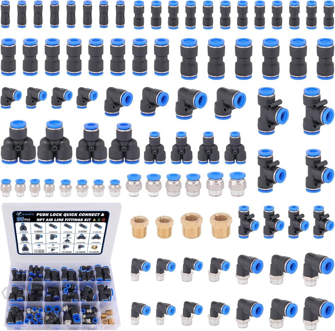90 Pcs Quick Connect Air Line Fittings Kit Pneumatic Push Lock Air Fittings 1/8",1/4",3/8",1/2" Push to Connect & NPT Thread Air Hose Fittings Quick Release Airline Fitting Kit