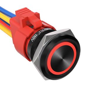 APIELE 110V-220V 22mm Latching Push Button Switch 15A Angel Eye LED Waterproof Aluminum Alloy Round Self-Locking 7/8'' 1NO 1NC 1 Pack (Black Shell-Red, 22MM)