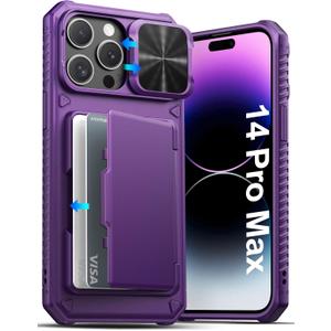 ATATOO for iPhone 14 Pro Max Case, Built-in Card Holder (Store 3-5 Cards) & Slide Camera Cover & RFID Blocking, Military Grade Protection, Hard Wallet Phone Case for 14 Pro Max 6.7", Dark Purple