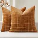 MIULEE Decorative Chenille Check Throw Pillow Covers Vintage Plaid Couch Pillows 18x18 Inch Set of 2 Neutral Boho Farmhouse Cushion Covers Modern Spring Home Decor for Sofa Bed Living Room Bronze