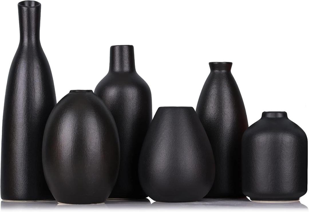 6 Pack Small Black Ceramic Bud Vases for Home Decor - Modern Boho Small Vases for Centerpieces in Bulk, Mini Flower Vases for Dry Flowers, Wedding, Table, and Party Decorations
