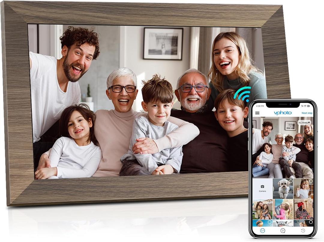 Canupdog 10.1 WiFi Digital Picture Frame, IPS Touch Screen Smart Cloud Digital Photo Frame with 16GB Storage, Wall Mountable, Auto-Rotate, Share Photos From Anywhere Via App, Email (10.1 Inch Wooden New)