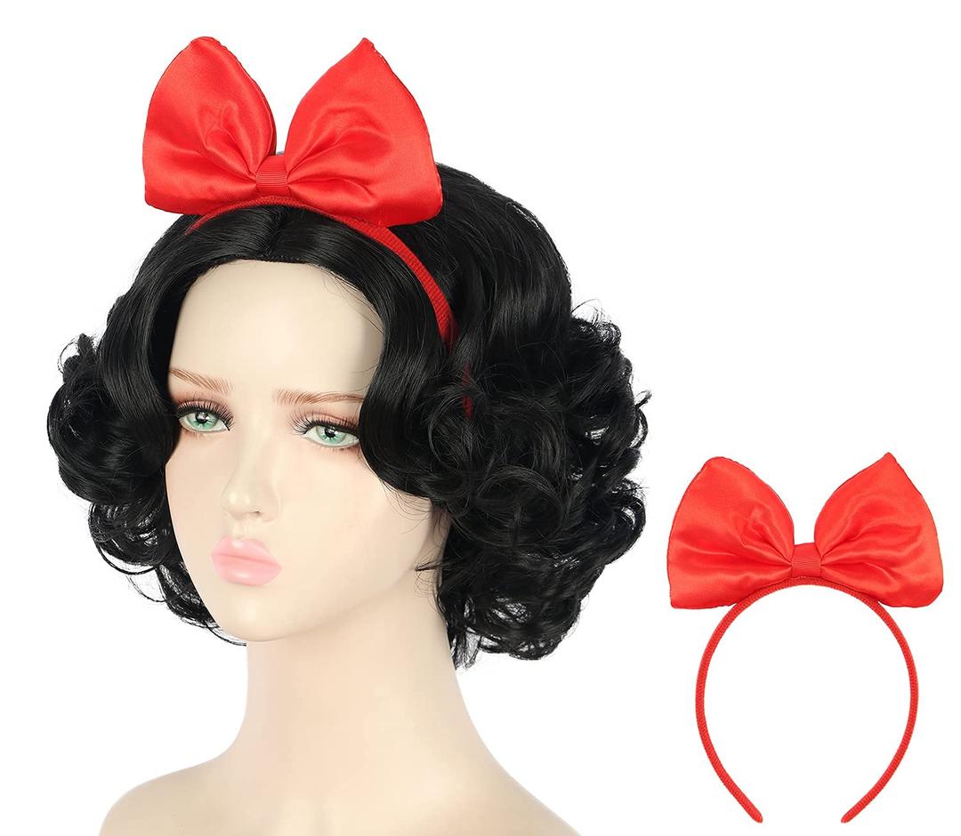 yuehong Short Curly Black Princess Wig Cosplay Synthetic Anime Cosplay Party Hair Wigs With Red Bow