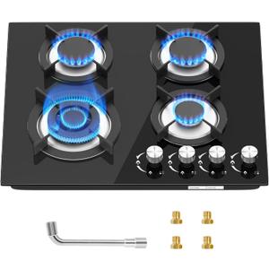 Gas Stove Top 23x20 Inch, Built-in Gas Cooktop 4 Burner, Dual Burners Propane Cooktop NG/LPG Convertible, Gas Cooktop with Thermocouple Protection for Cooking, Black Tempered Glass, 27400BTU