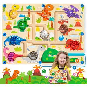 Magnetic Color and Number Maze, Commodum Montessori Counting Matching Learning Puzzle Board, Dinosaur Wooden Magnet Maze Game, Toddler Fine Motor Skills Travel Toys for Boys Girls 3 4 5 Years Old