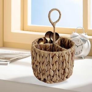 3-Compartment Wicker Basket Caddy with Handle, 2025 New Woven Storage Basket, Round Wicker Rattan Divided Basket for Home Kitchen And Living Space Organization (Khaki)