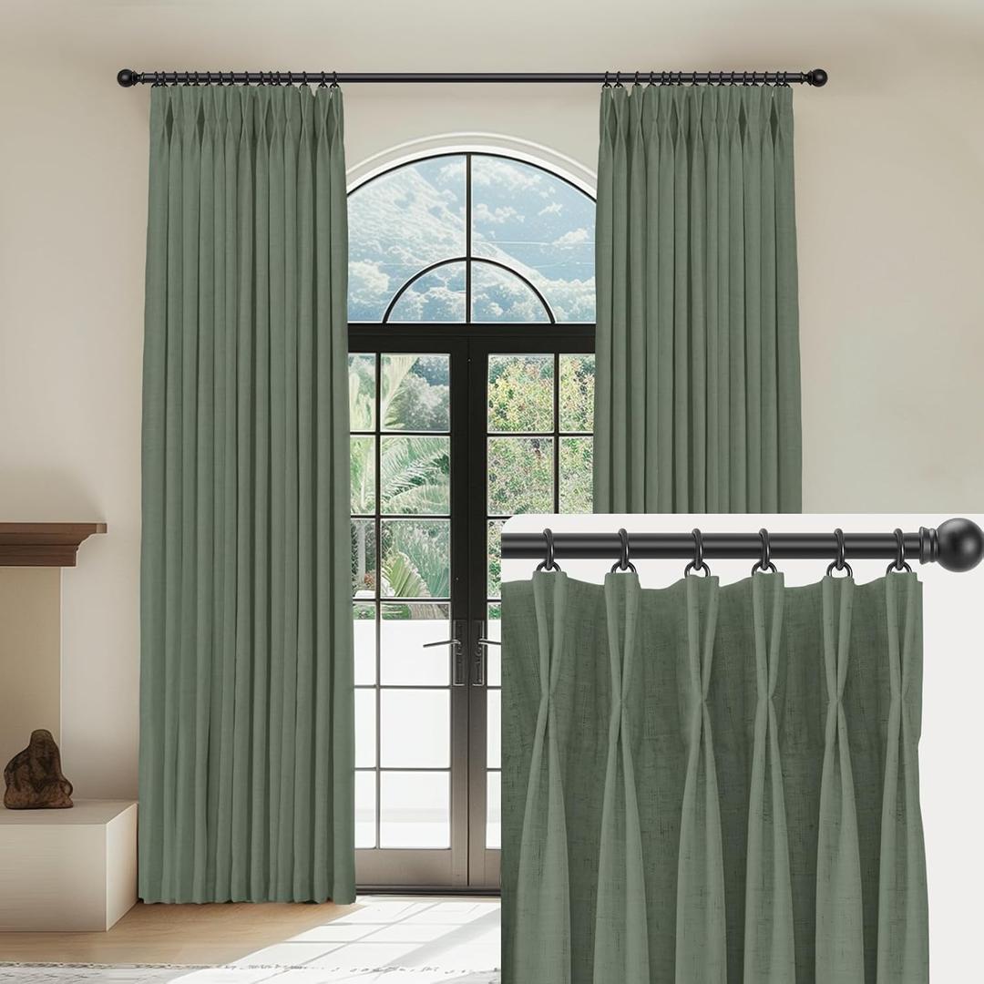 Linen Pinch Pleated Curtains Blackout 100% Black Out Curtains 96 Inches Long 2 Panels with Hooks, Thermal Insulated Pinch Pleat Drapes for Bedroom, 40Wx96L, Sage Green