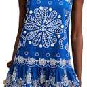 Women's Floral Boho Flowy Mini Cami Dress Ruffle Hem Spaghetti Strap Vacation Tank Dresses (Large, Blue and White)