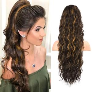 FLUFYMOOZ Ponytail Extension, 26 Inch Drawstring Ponytail Hair Extensions for Women Long Curly Wavy Ponytail Natural Synthetic Hairpiece for Women (26" Chestnut Brown with Highlights)