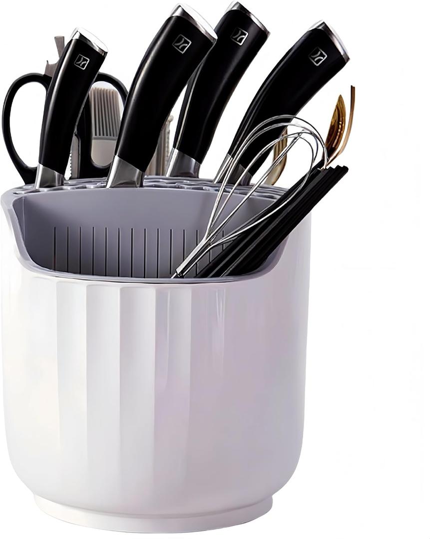 360 Rotating Knife Block,Multifunctional Kitchen Utensil Holder,Large Capacity Chopsticks Block,Kitchen Knife Storage Box for Kitchen Counter (White)