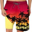 Cozople Boys Swim Trunks Compression Liner Swim Shorts Quick Dry Bathing Suit with Boxer Brief Swimwear 2-20T (5-6 Years, Aa Palm Tree Red)