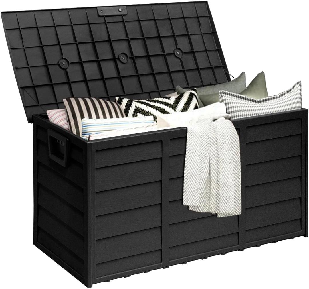 SUNCROWN 75 Gallon Deck Storage Box Resin Outdoor Storage Container with Handles for Patio Garden Yard, Black, Black (75 Gallon, Black)