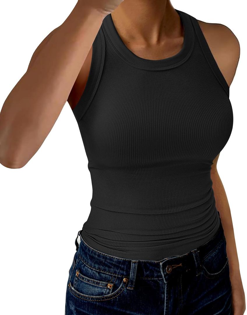 Womens Tank Tops High Neck Sleeveless Ribbed Tank Casual Basic Thick Strap Slim Fitted Racerback Shirts (XX-Large, Solid- Black)