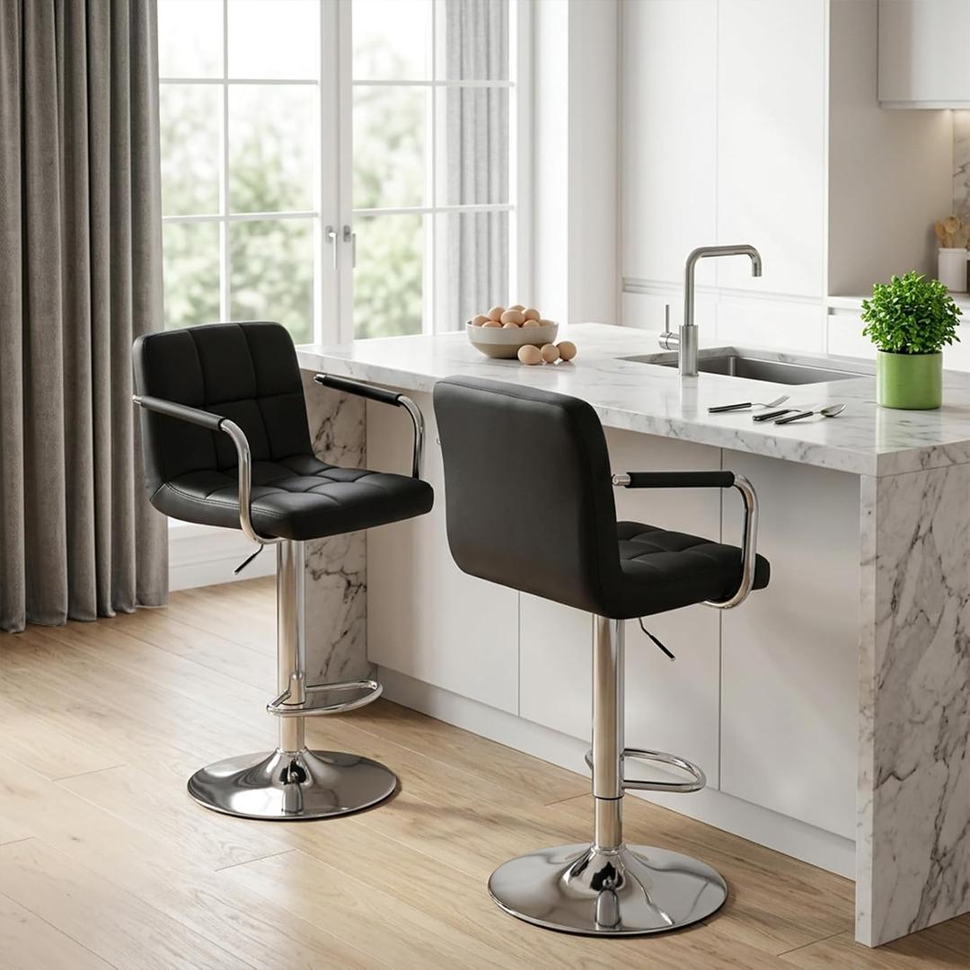 DUMOS Bar Stools Set of 2, Adjustable Swivel Bar Chairs with Padded Armrests and Ergonomic Backrest for Kitchen Island Counter Pub Dining Room, Water-Resistant PU Leather, Black